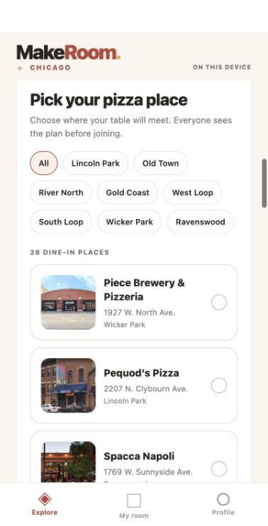 MakeRoom app preview showing Chicago pizza restaurants